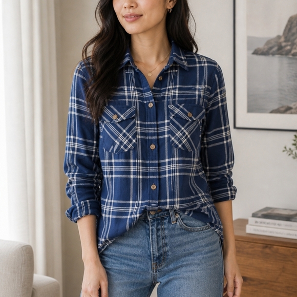 Frank & Oak Tops - Frank & Oak Blue Plaid Button-Up Shirt Size M Organic Cotton Flannel Style